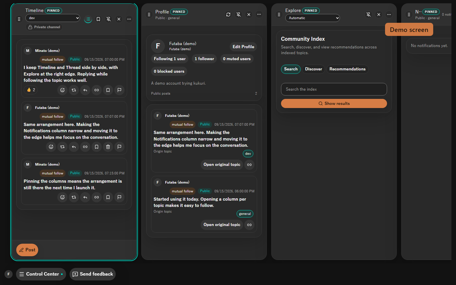 A kukuri demo screen. From the left: the Timeline column for the topic dev, a Profile column, and Community Index search. The timeline shows a conversation between demo participants.
