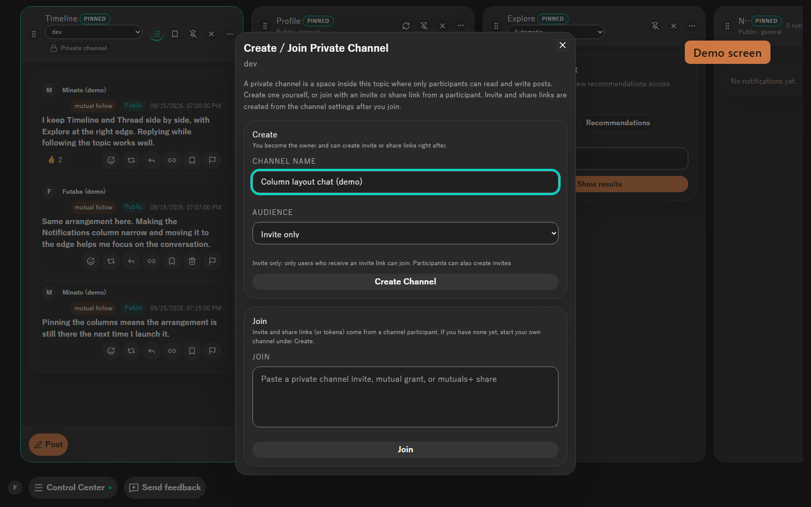 A demo of creating a private channel named Column layout chat (demo) with the Invite only audience.